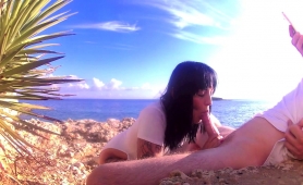 Naughty Brunette Reveals Her Blowjob Talents On The Beach